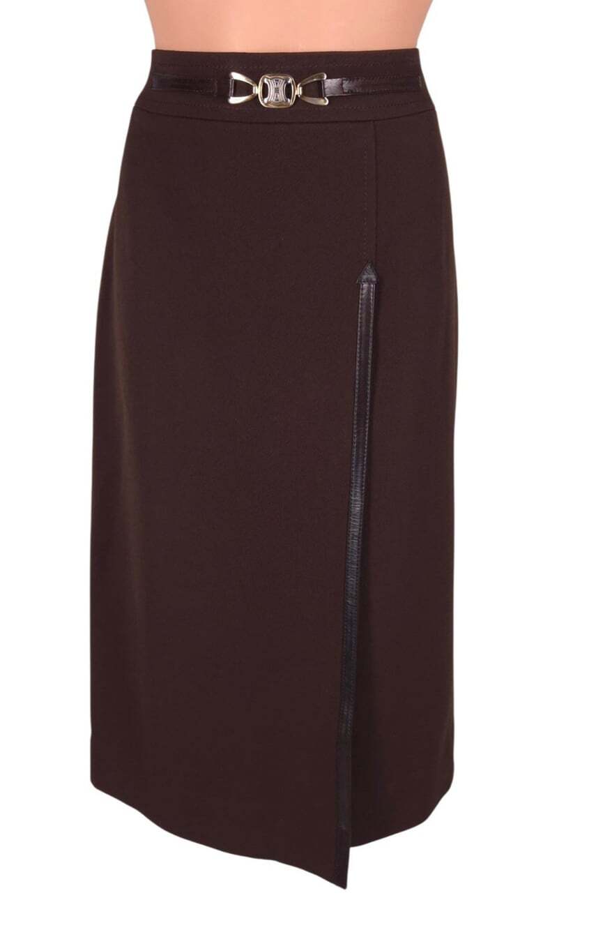 Vintage Celine Triomphe Hardware Skirt US 10 FR 42 Womens Brown Wool $1200